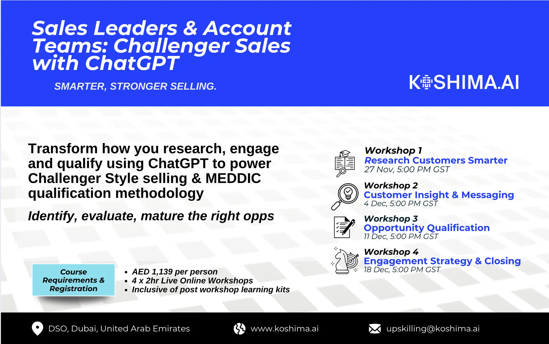 Master Challenger Sales and MEDDIC qualification with ChatGPT. Learn to research smarter, engage stronger, and close faster with Koshima’s AI sales programme.